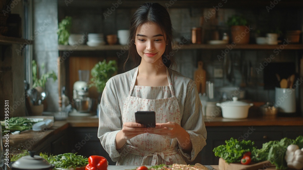 Poster A student standing at a kitchen counter using a smartphone to join a virtual class while following a recipe on a laptop blending education with daily household tasks Large space for text in center