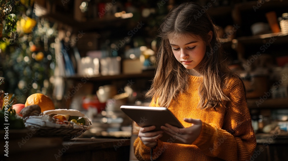 Poster A student in the kitchen using a tablet for a virtual lesson while preparing food The scene captures the multitasking aspect of remote learning with educational activities blending into everyday life