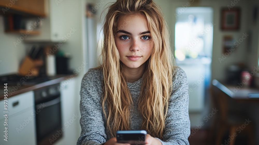 Poster A student standing at a kitchen counter using a smartphone to join a virtual class while following a recipe on a laptop blending education with daily household tasks Large space for text in center
