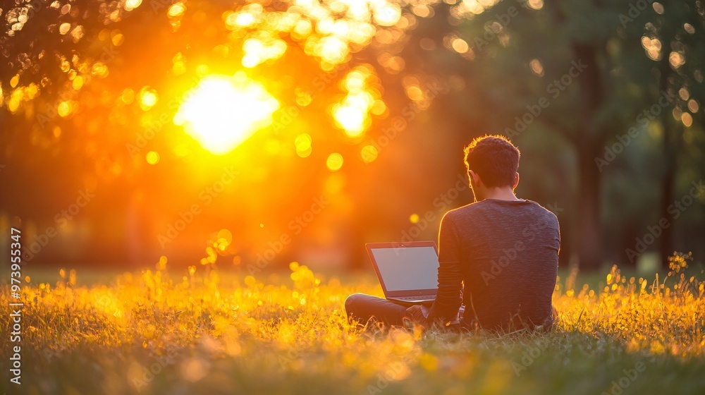 Aufkleber A student sitting outside in the garden using a laptop to follow an online class surrounded by nature and sunlight emphasizing the adaptability of remote learning to different environments Large