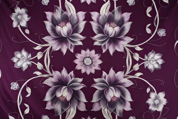 Elegant Plum and Silver Floral Tapestry Backdrop with Intricate Motifs and Delicate Tendrils