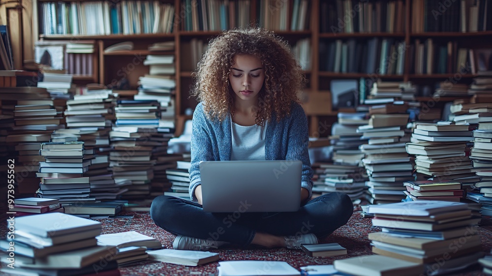 Poster A student working on a laptop while sitting on the floor of their bedroom with books and study materials spread out showing the casual and adaptable nature of learning from home Large space for text
