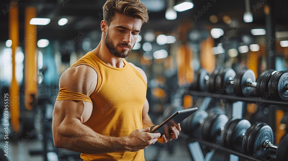 Aufkleber A student in a home gym using a tablet mounted on a stand while doing light exercises This captures the idea of balancing physical health and remote learning in a dynamic setting Large space for text