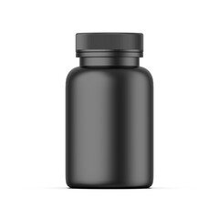 Black dietary supplement PET packaging bottle mockup on white background, 3d illustration.