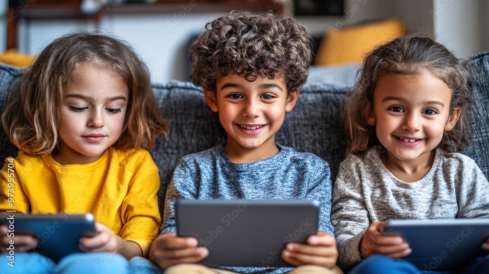 Aufkleber A student in the living room balancing a tablet on their lap while playing with a younger sibling in the background showing how remote learning can adapt to family life and shared spaces Large space