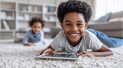 A student in the living room balancing a tablet on their lap while playing with a younger sibling in the background showing how remote learning can adapt to family life and shared spaces Large space
