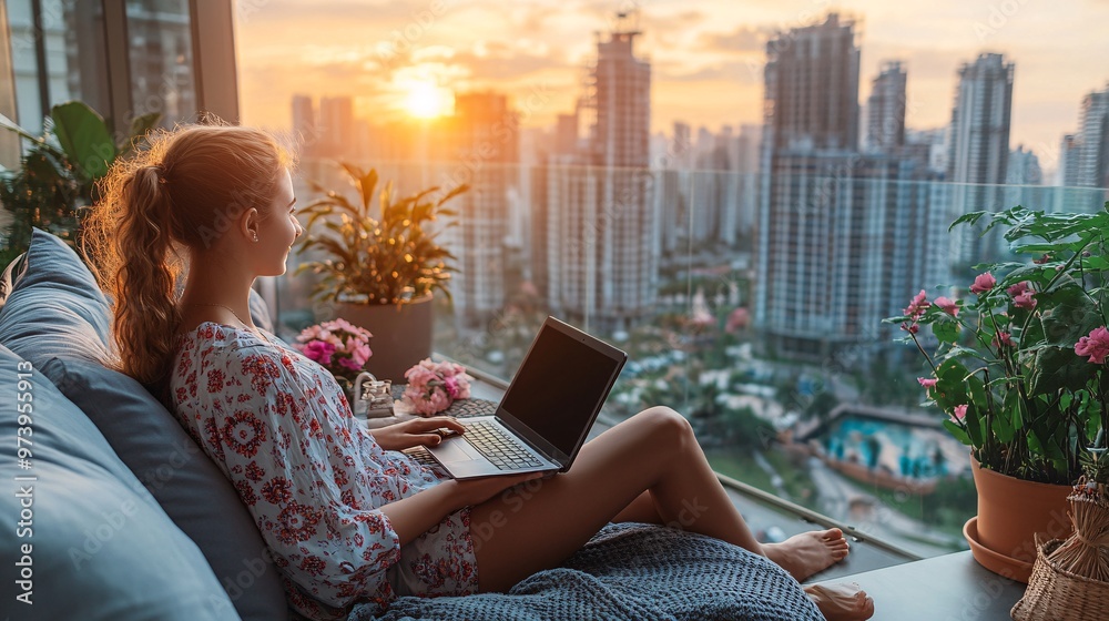 Poster A student using a laptop to attend an online class while sitting on a balcony overlooking the city demonstrating the freedom to learn in various home locations and adapt to individual preferences