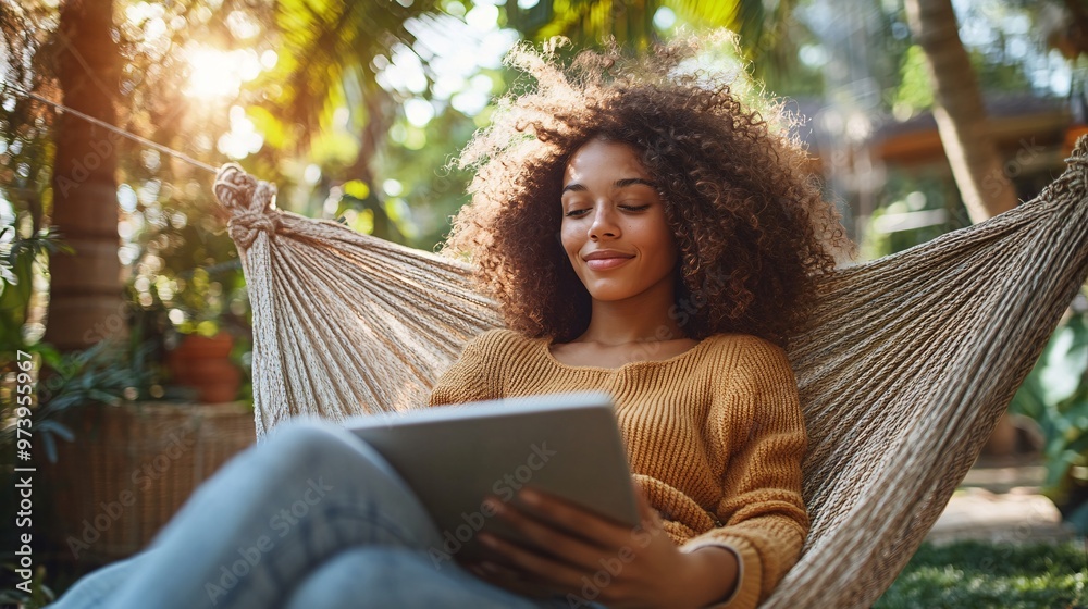 Poster A student lying on a hammock in the backyard with a tablet engaging in a virtual lesson while enjoying the outdoors emphasizing the flexibility and comfort of remote learning in non-traditional