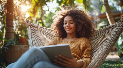 A student lying on a hammock in the backyard with a tablet engaging in a virtual lesson while enjoying the outdoors emphasizing the flexibility and comfort of remote learning in non-traditional