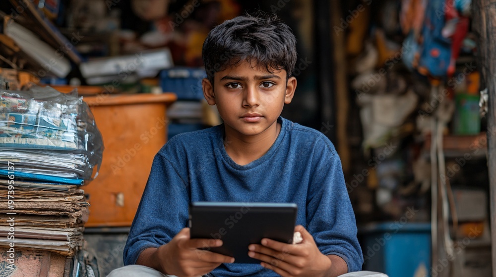 Poster a young student in a rural environment using a tablet for online learning with the backdrop of a sim