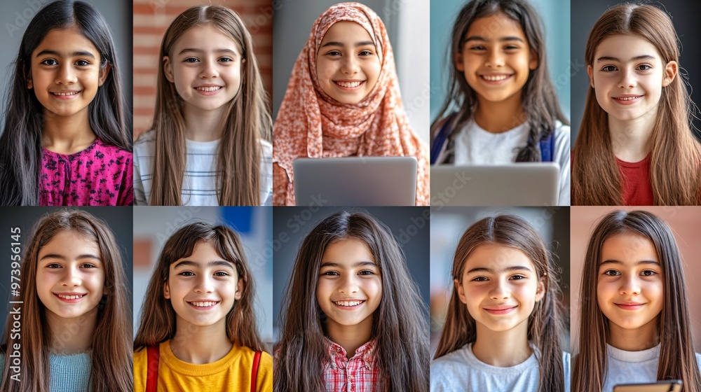 Poster A multicultural classroom view with students of various ages and ethnicities, each participating in a virtual lesson from home. The image features a clean, modern design with laptops and tablets,