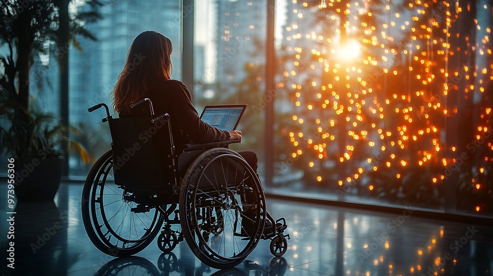 Poster A student in a wheelchair engaging in a virtual class using a specialized keyboard and a laptop, showing adaptive learning tools in a well-organized study area with bright lighting. Large space for