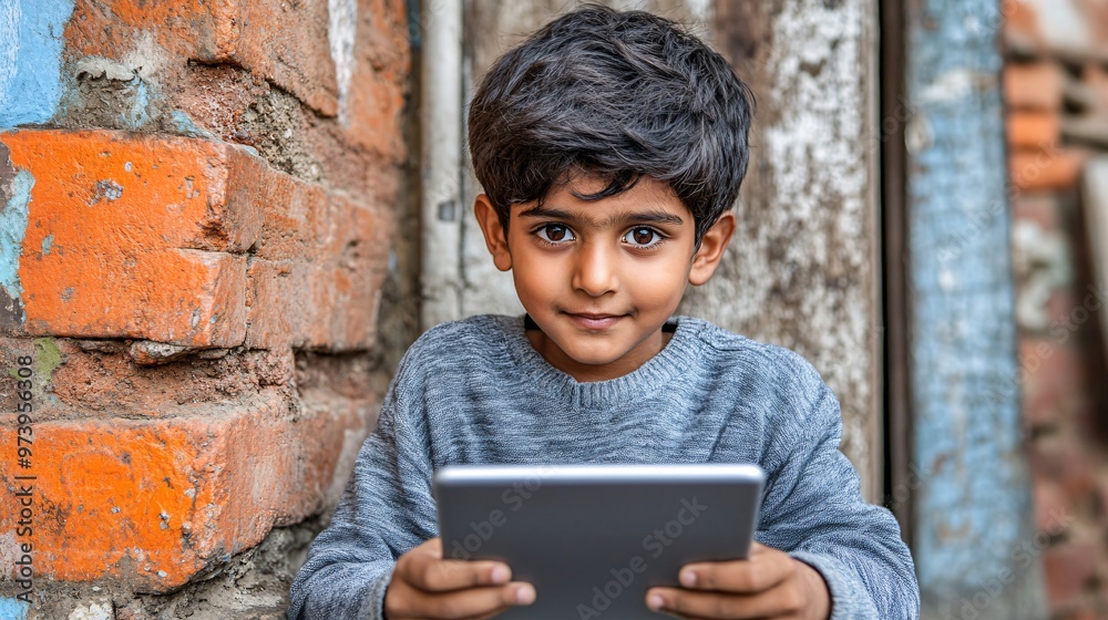 Poster a young student in a rural environment using a tablet for online learning with the backdrop of a sim