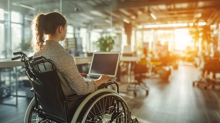 A student in a wheelchair engaging in a virtual class using a specialized keyboard and a laptop, showing adaptive learning tools in a well-organized study area with bright lighting. Large space for