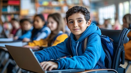 A group of students with different abilities and ethnic backgrounds attending an online group project via video conferencing. The students are in their homes, using laptops, tablets, and adaptive