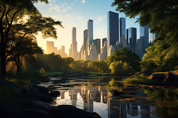 Fototapeta premium Central Park City skyline at sunset with iconic buildings and park reflecting in the water