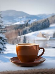 A cup of coffee or tea is presented with a beautiful winter snowy landscape