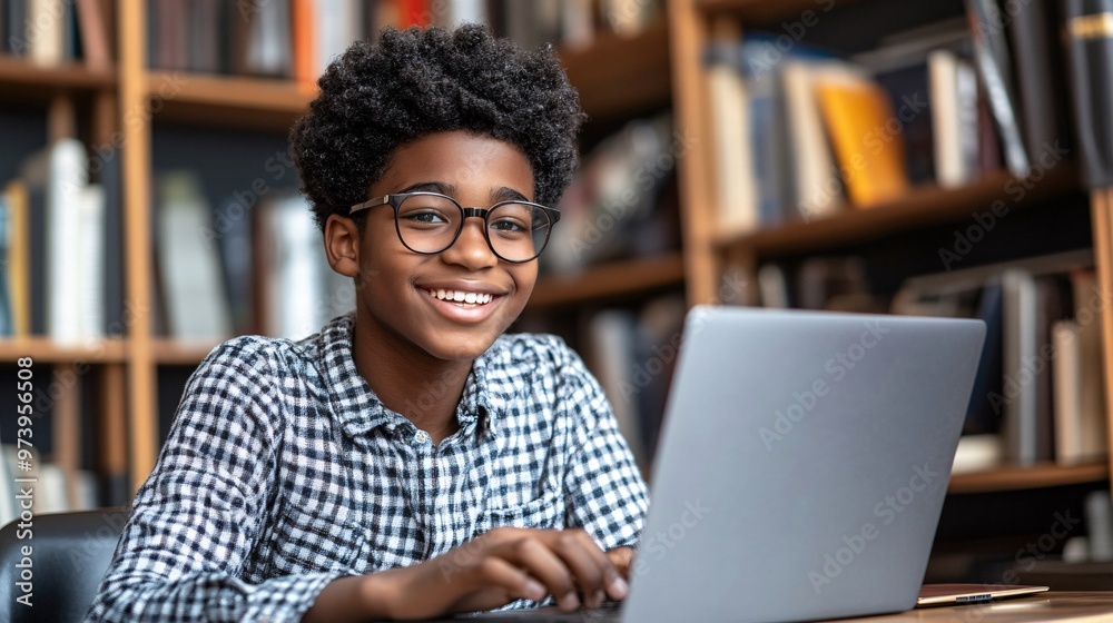 Poster a teenage student in a densely populated urban apartment using a laptop to engage in virtual learnin