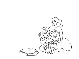 子供と母親、保育士、線画
