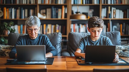 A grandmother and her teenage grandchild sitting side by side at a dining table, both engaged in separate online courses using laptops. The image highlights the intergenerational learning experience