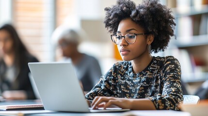 A college-aged student and an older adult in a shared study space, both taking online courses. The younger student is working on a laptop, while the older learner is using a tablet. The room is