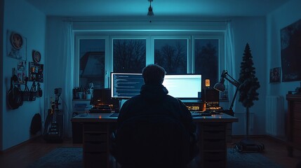 Fototapeta premium A father and his teenage daughter both involved in virtual learning at their shared home office, with the father working on a professional development course and the daughter attending her high