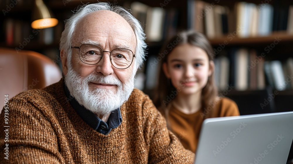 Aufkleber an elderly man engaged in a self-improvement course on a laptop, while a younger family member is vi