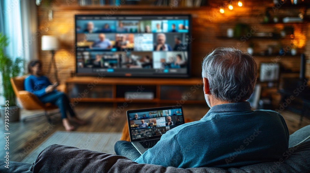 Poster an elderly man engaged in a self-improvement course on a laptop, while a younger family member is vi