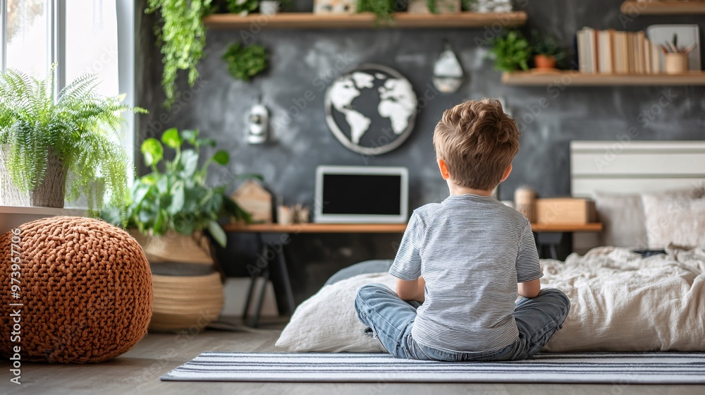 Poster A young learner in a small bedroom study corner, using a laptop on a makeshift desk created from a shelf. The environment feels intimate, showing how even limited space can be optimized for