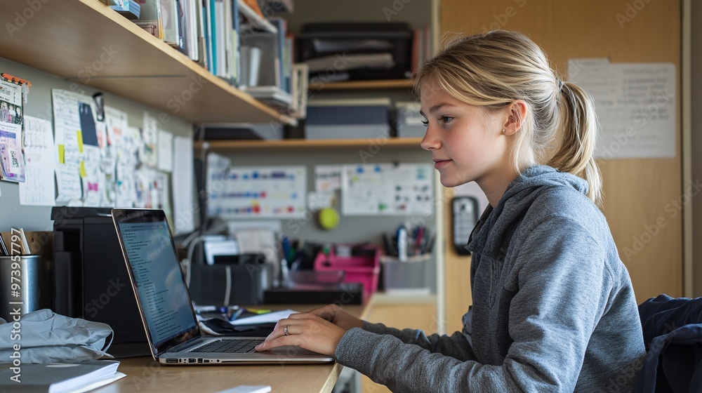 Poster A young learner in a small bedroom study corner, using a laptop on a makeshift desk created from a shelf. The environment feels intimate, showing how even limited space can be optimized for