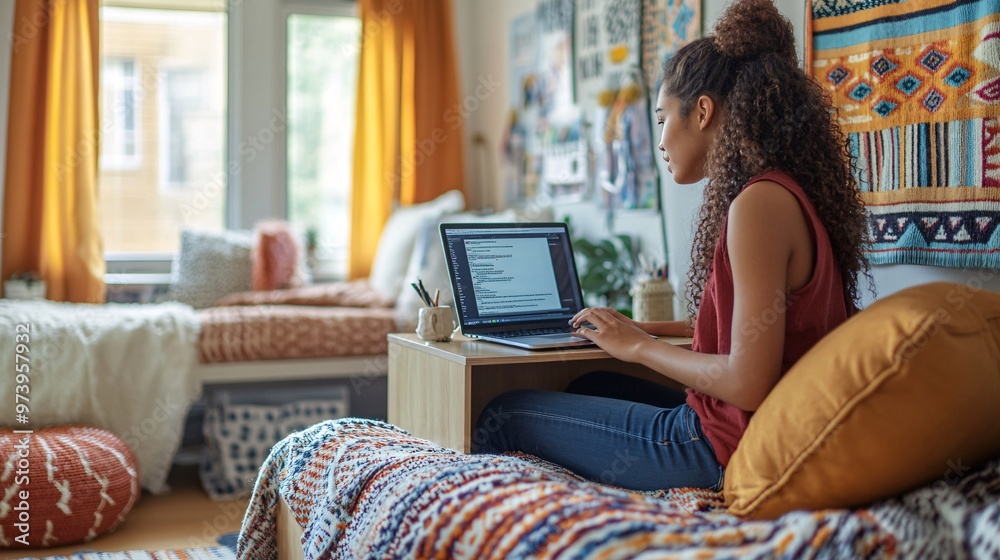 Poster a young student sits at a small desk in a compact urban apartment, using a laptop and surrounded by 