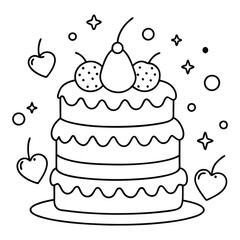 A sweet line drawing of a tiered cake with cherries, frosting, balloons, and hearts all around it.