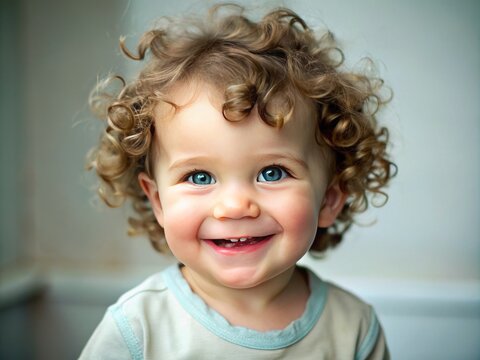 A smiling toddler with chubby, rosy cheeks and a mop of curly hair stares directly at the camera