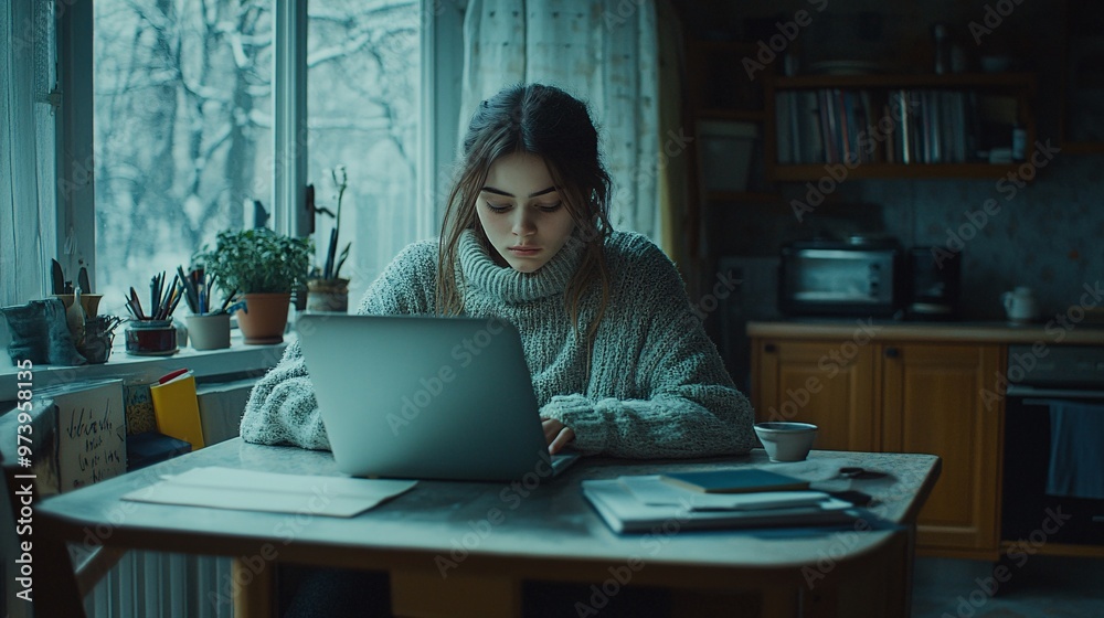 Poster a student in a small urban studio apartment uses a laptop while sitting at a kitchen counter repurpo