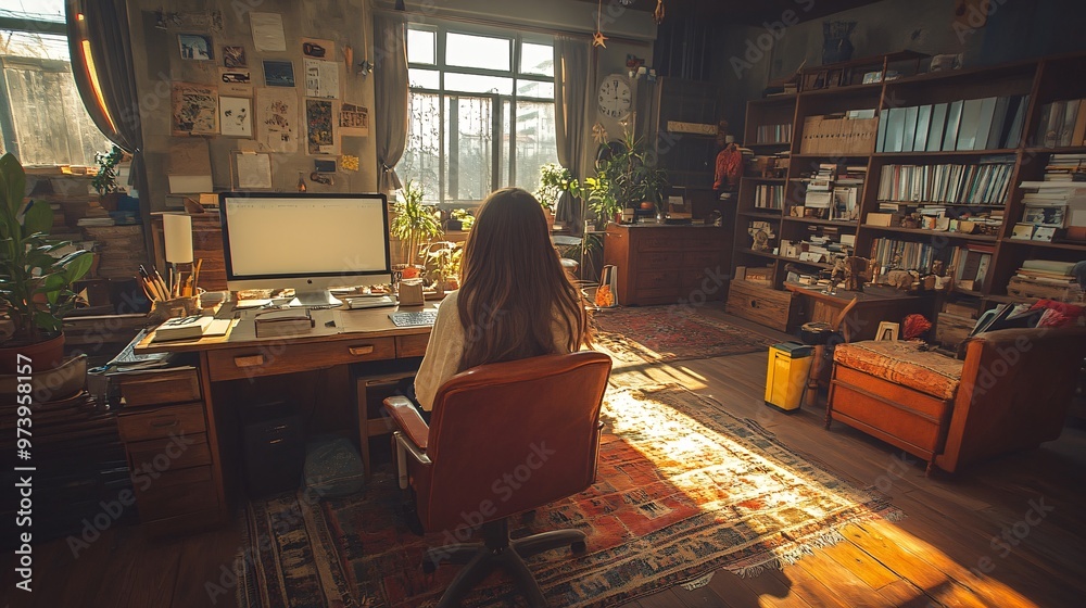 Aufkleber a student studies in a rural home office with a large desktop computer and a mix of traditional and 