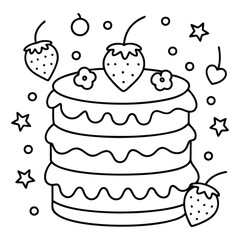 A sweet line drawing of a tiered cake with cherries, frosting, balloons, and hearts all around it.