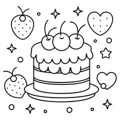 A sweet line drawing of a tiered cake with cherries, frosting, balloons, and hearts all around it.
