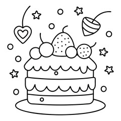 A sweet line drawing of a tiered cake with cherries, frosting, balloons, and hearts all around it.