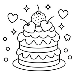 A sweet line drawing of a tiered cake with cherries, frosting, balloons, and hearts all around it.