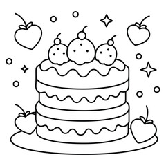 A sweet line drawing of a tiered cake with cherries, frosting, balloons, and hearts all around it.