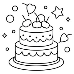 A sweet line drawing of a tiered cake with cherries, frosting, balloons, and hearts all around it.