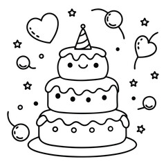 A sweet line drawing of a tiered cake with cherries, frosting, balloons, and hearts all around it.