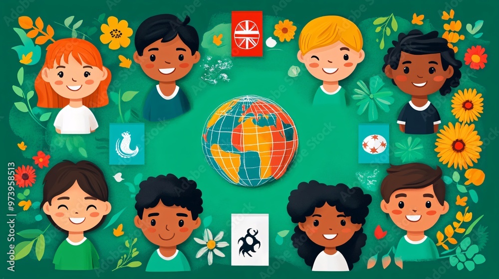 Poster Students from different cultural backgrounds appear on a virtual meeting screen, collaborating on a shared project. Each student is in a unique setting, with diverse environments and elements like