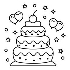 A sweet line drawing of a tiered cake with cherries, frosting, balloons, and hearts all around it.