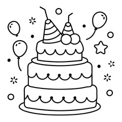 A sweet line drawing of a tiered cake with cherries, frosting, balloons, and hearts all around it.