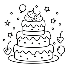 A sweet line drawing of a tiered cake with cherries, frosting, balloons, and hearts all around it.