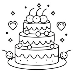 A sweet line drawing of a tiered cake with cherries, frosting, balloons, and hearts all around it.