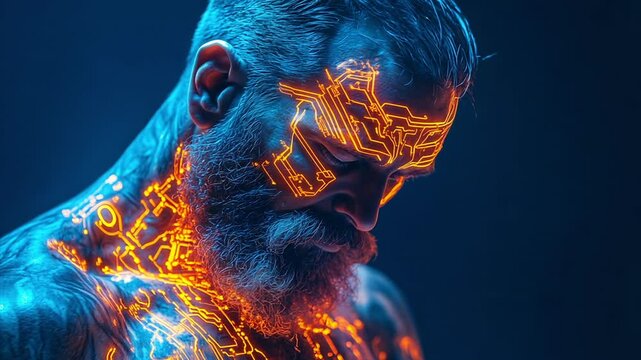 Close up of a bearded fit old man with no shirt looking down while covered in glowing orange neon tattoo's resembling circuits against a black background.