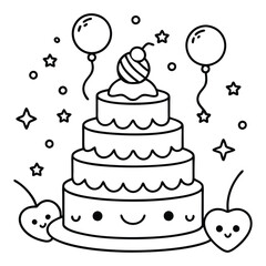 A sweet line drawing of a tiered cake with cherries, frosting, balloons, and hearts all around it.