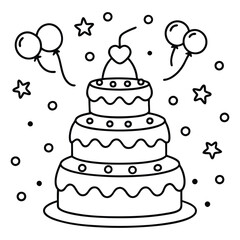 A sweet line drawing of a tiered cake with cherries, frosting, balloons, and hearts all around it.